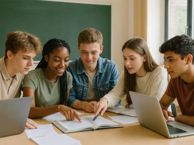 AI genereret billede af elever i et gruppearbejde